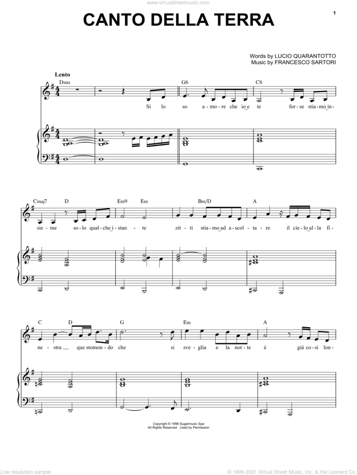 Canto Della Terra sheet music for voice and piano by Andrea Bocelli, Francesco Sartori and Lucio Quarantotto, classical score, intermediate skill level
