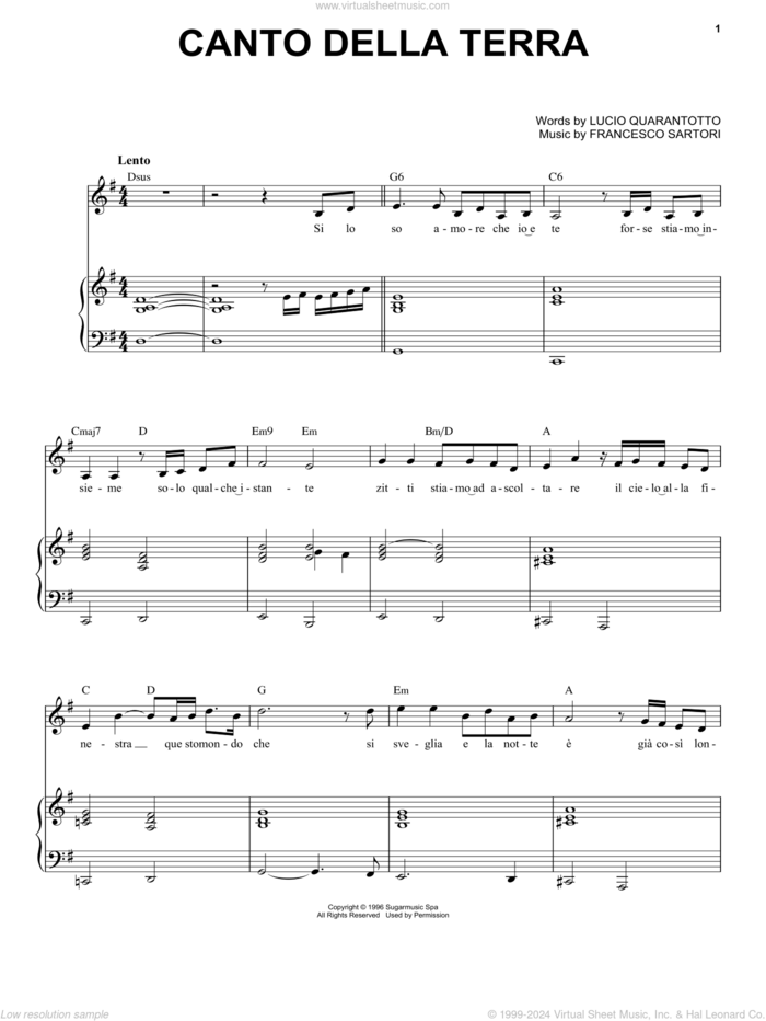 Canto Della Terra sheet music for voice and piano by Andrea Bocelli, Francesco Sartori and Lucio Quarantotto, classical score, intermediate skill level