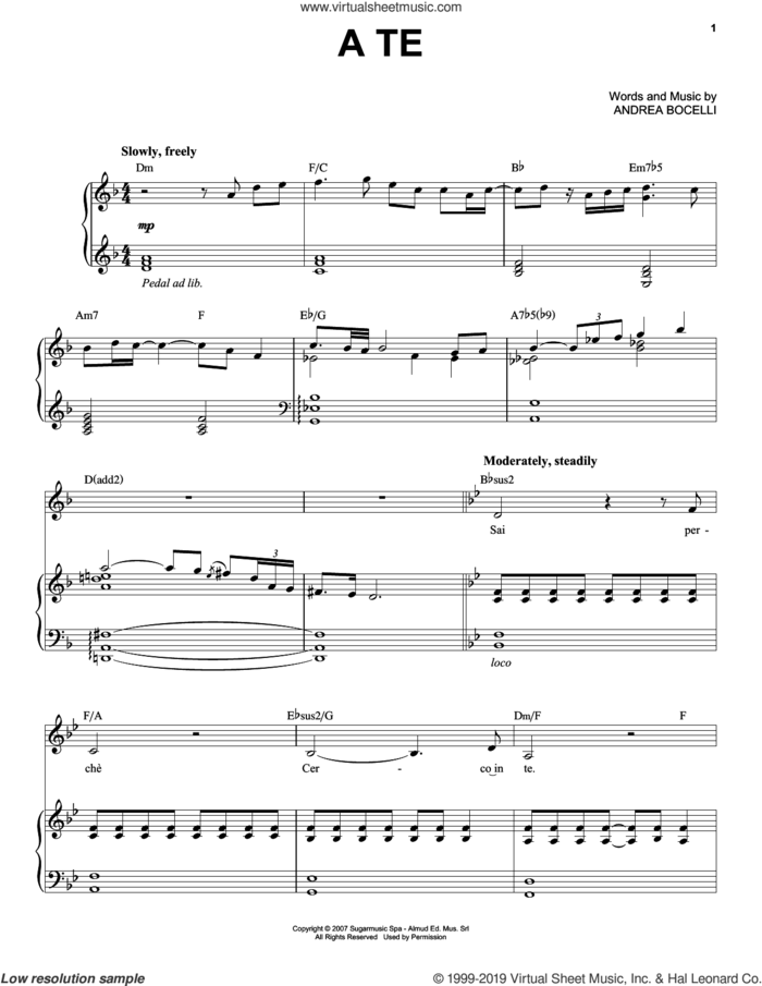 A Te sheet music for voice and piano by Andrea Bocelli, classical score, intermediate skill level