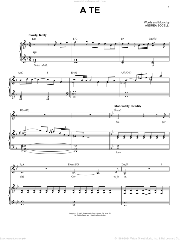 A Te sheet music for voice and piano by Andrea Bocelli, classical score, intermediate skill level