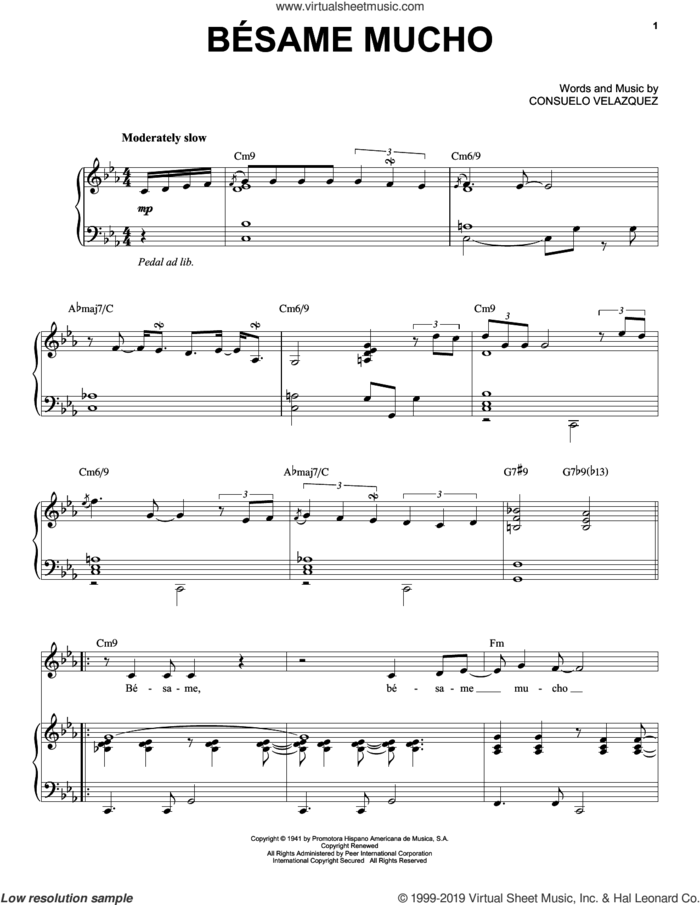 Besame Mucho (Kiss Me Much) sheet music for voice and piano by Andrea Bocelli and Consuelo Velazquez, intermediate skill level