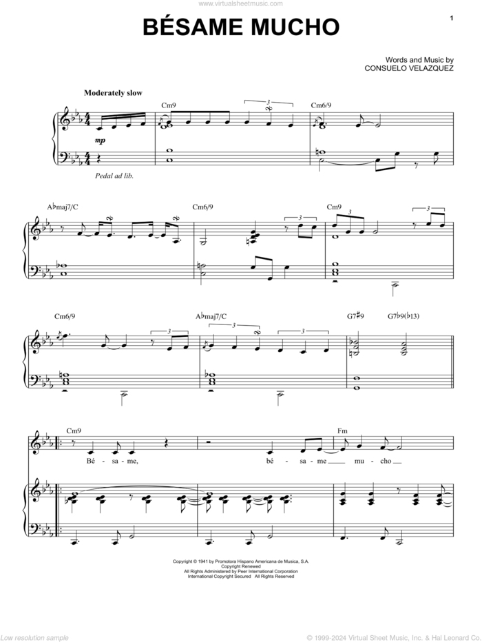 Besame Mucho (Kiss Me Much) sheet music for voice and piano by Andrea Bocelli and Consuelo Velazquez, intermediate skill level