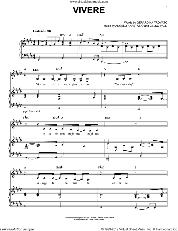 Vivere sheet music for voice and piano by Andrea Bocelli, Angelo Anastasio, Celso Valli and Gerardina Trovato, classical score, intermediate skill level