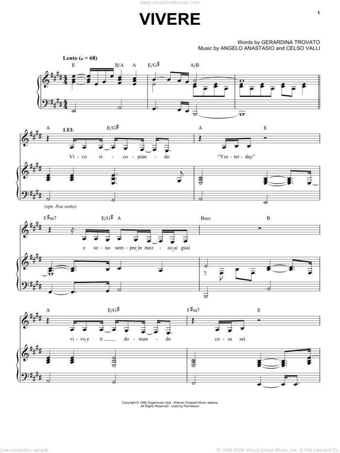 Vivere sheet music for voice and piano by Andrea Bocelli, Angelo Anastasio, Celso Valli and Gerardina Trovato, classical score, intermediate skill level