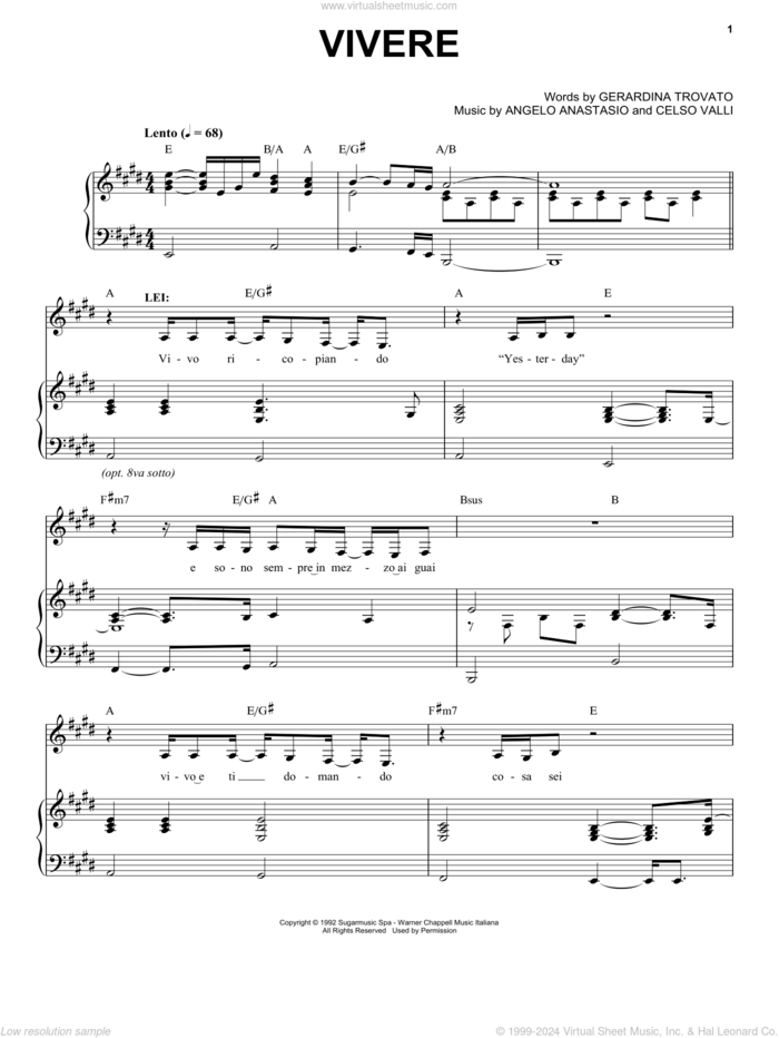 Vivere sheet music for voice and piano by Andrea Bocelli, Angelo Anastasio, Celso Valli and Gerardina Trovato, classical score, intermediate skill level