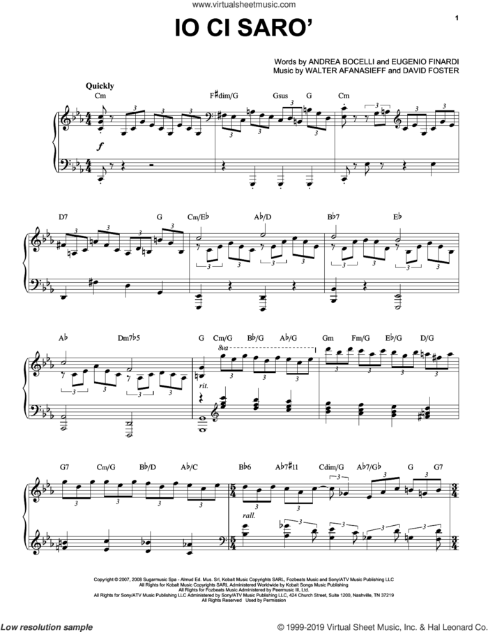Io Ci Saro' sheet music for voice and piano by Andrea Bocelli, David Foster, Eugenio Finardi and Walter Afanasieff, classical score, intermediate skill level