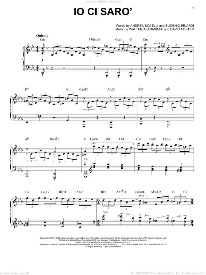 Io Ci Saro' sheet music for voice and piano by Andrea Bocelli, David Foster, Eugenio Finardi and Walter Afanasieff, classical score, intermediate skill level