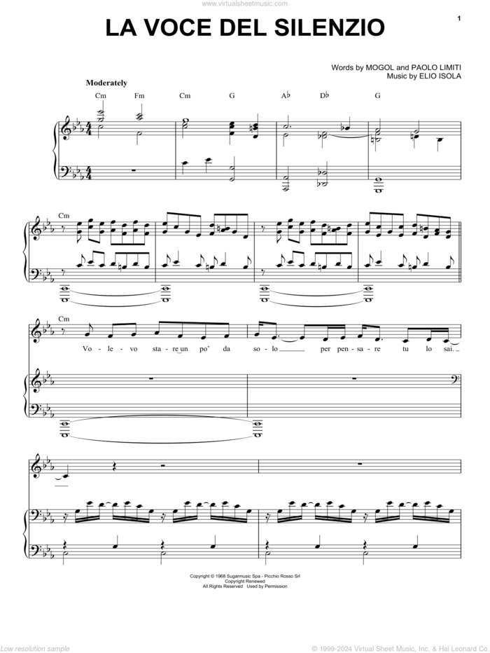 La Voce Del Silenzio sheet music for voice and piano by Andrea Bocelli, Elio Isola, Mogol and Paolo Limiti, classical score, intermediate skill level