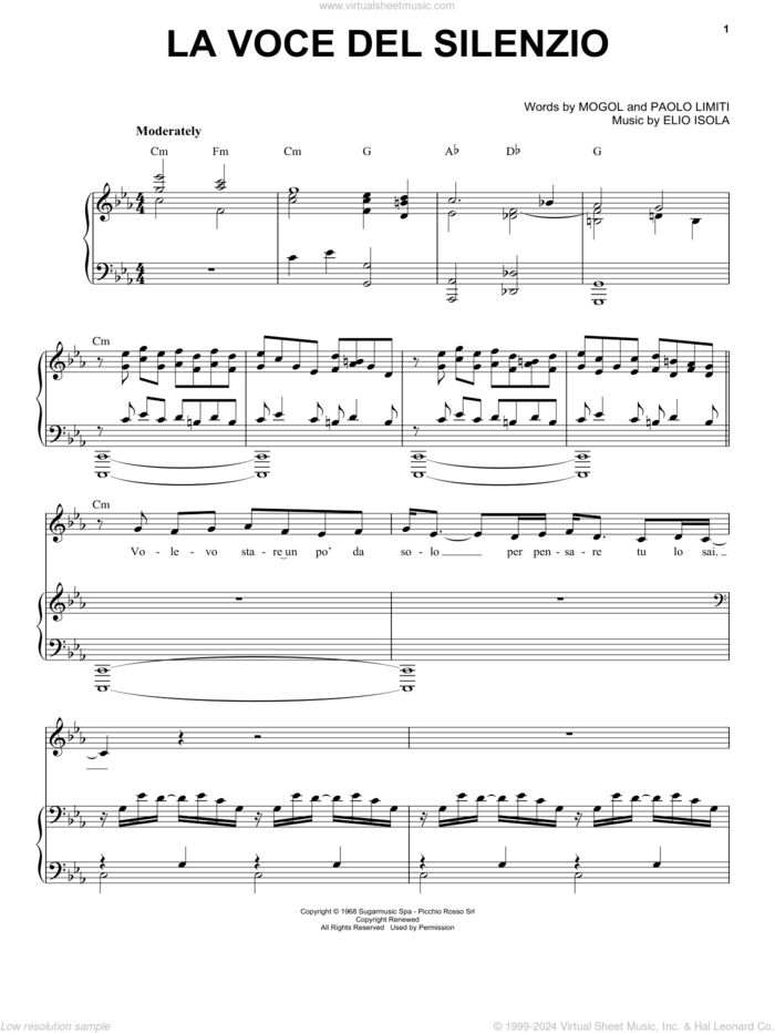 La Voce Del Silenzio sheet music for voice and piano by Andrea Bocelli, Elio Isola, Mogol and Paolo Limiti, classical score, intermediate skill level