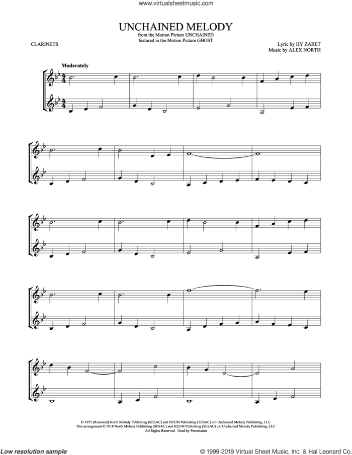 Unchained Melody sheet music for two clarinets (duets) by The Righteous Brothers, Alex North and Hy Zaret, wedding score, intermediate skill level