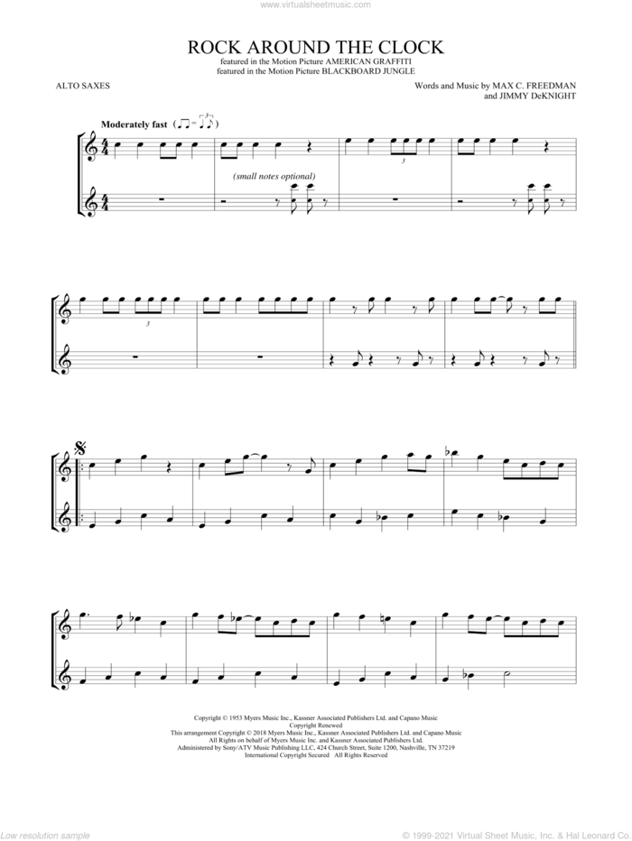 Rock Around The Clock sheet music for two alto saxophones (duets) by Bill Haley & His Comets, Jimmy DeKnight and Max C. Freedman, intermediate skill level