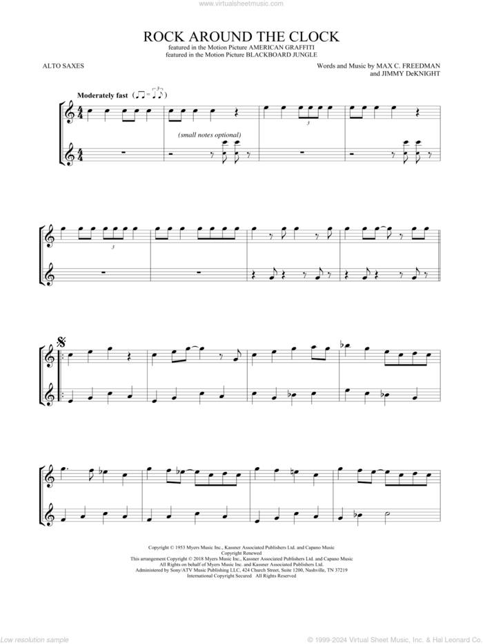 Rock Around The Clock sheet music for two alto saxophones (duets) by Bill Haley & His Comets, Jimmy DeKnight and Max C. Freedman, intermediate skill level