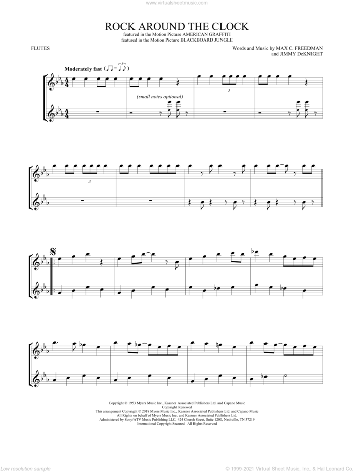 Rock Around The Clock sheet music for two flutes (duets) by Bill Haley & His Comets, Jimmy DeKnight and Max C. Freedman, intermediate skill level