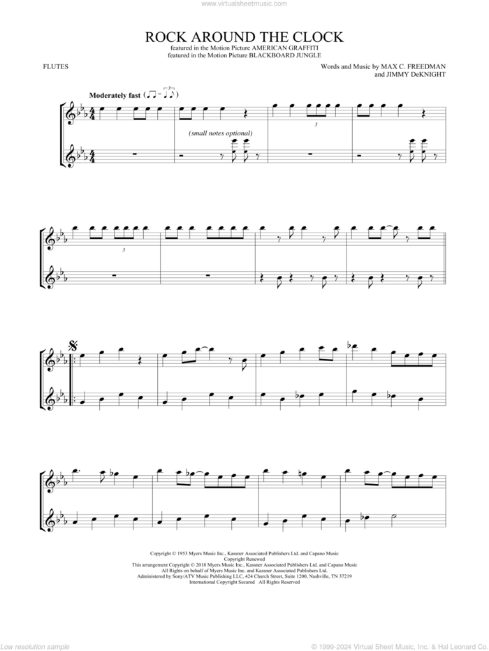 Rock Around The Clock sheet music for two flutes (duets) by Bill Haley & His Comets, Jimmy DeKnight and Max C. Freedman, intermediate skill level