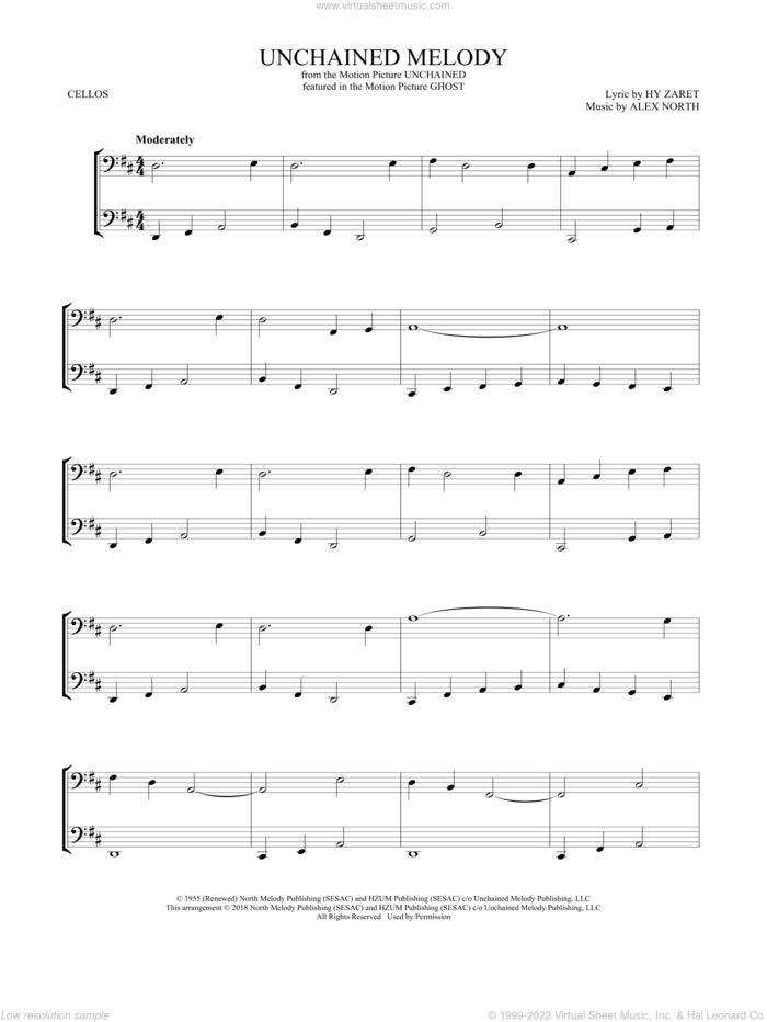 Unchained Melody sheet music for two cellos (duet, duets) by The Righteous Brothers, Alex North and Hy Zaret, wedding score, intermediate skill level