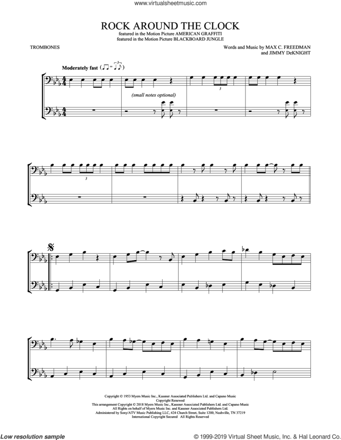 Rock Around The Clock sheet music for two trombones (duet, duets) by Bill Haley & His Comets, Jimmy DeKnight and Max C. Freedman, intermediate skill level