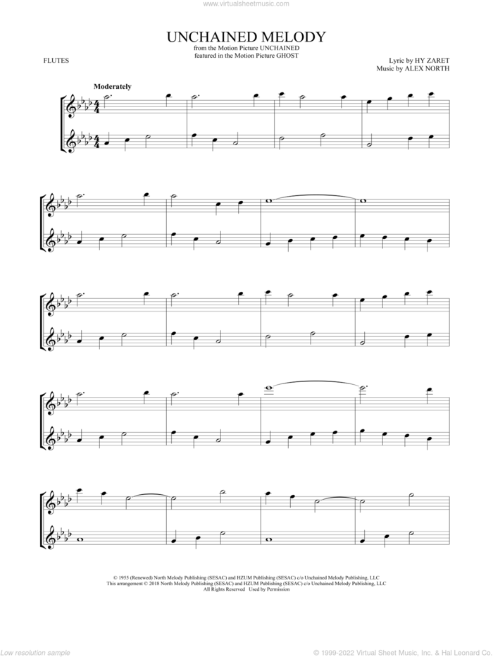 Unchained Melody sheet music for two flutes (duets) by The Righteous Brothers, Alex North and Hy Zaret, wedding score, intermediate skill level