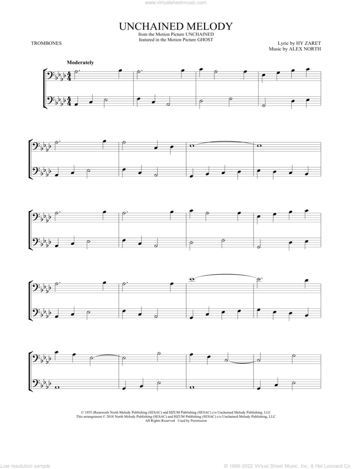 Unchained Melody sheet music for two trombones (duet, duets) by The Righteous Brothers, Alex North and Hy Zaret, wedding score, intermediate skill level