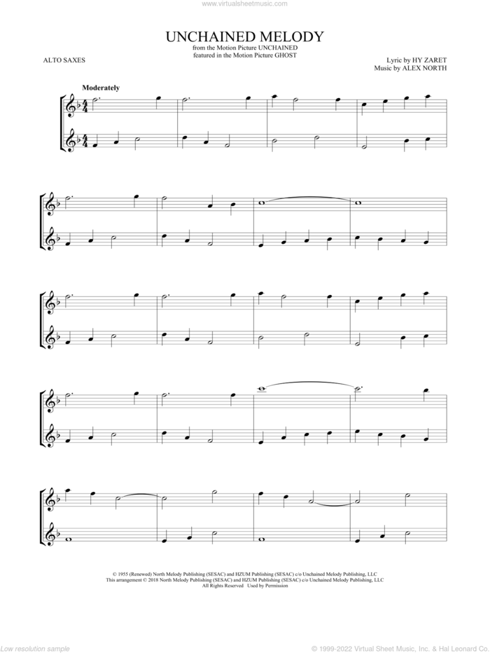 Unchained Melody sheet music for two alto saxophones (duets) by The Righteous Brothers, Alex North and Hy Zaret, wedding score, intermediate skill level