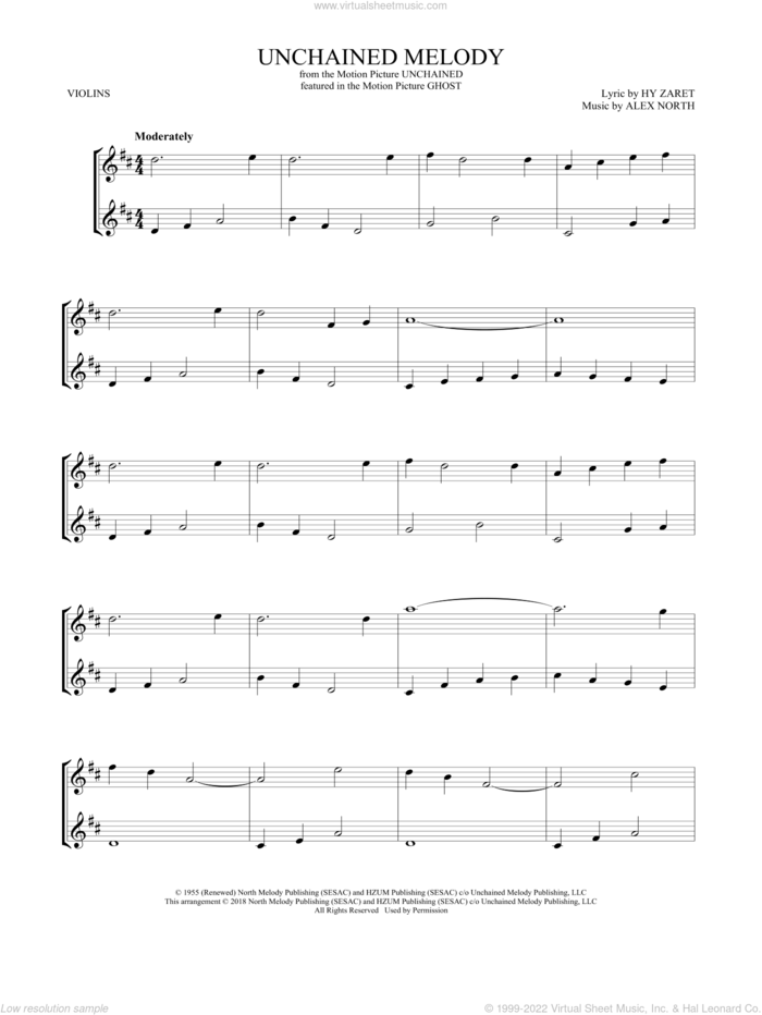 Unchained Melody sheet music for two violins (duets, violin duets) by The Righteous Brothers, Alex North and Hy Zaret, wedding score, intermediate skill level