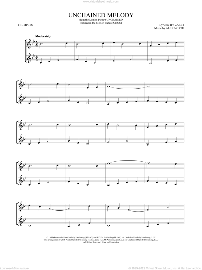 Unchained Melody sheet music for two trumpets (duet, duets) by The Righteous Brothers, Alex North and Hy Zaret, wedding score, intermediate skill level