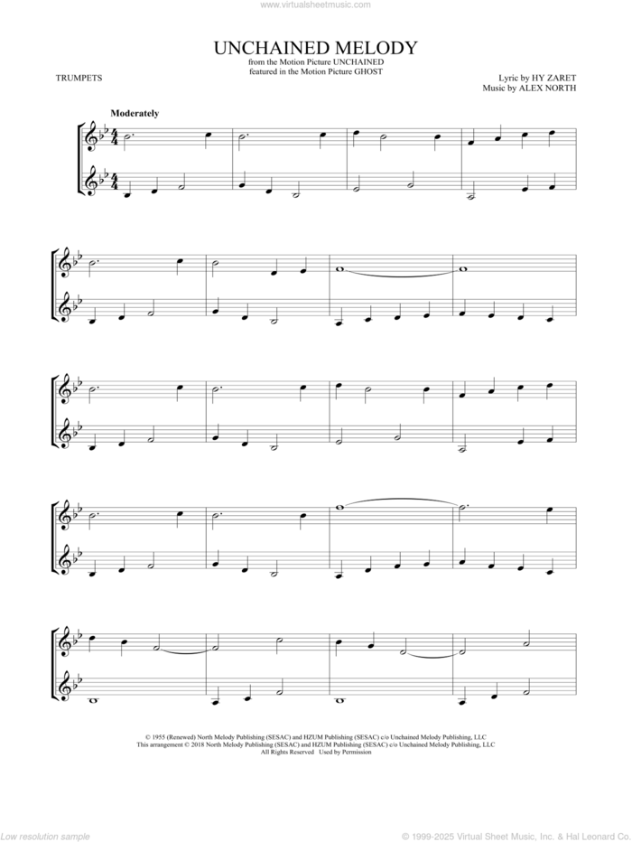 Unchained Melody sheet music for two trumpets (duet, duets) by The Righteous Brothers, Alex North and Hy Zaret, wedding score, intermediate skill level