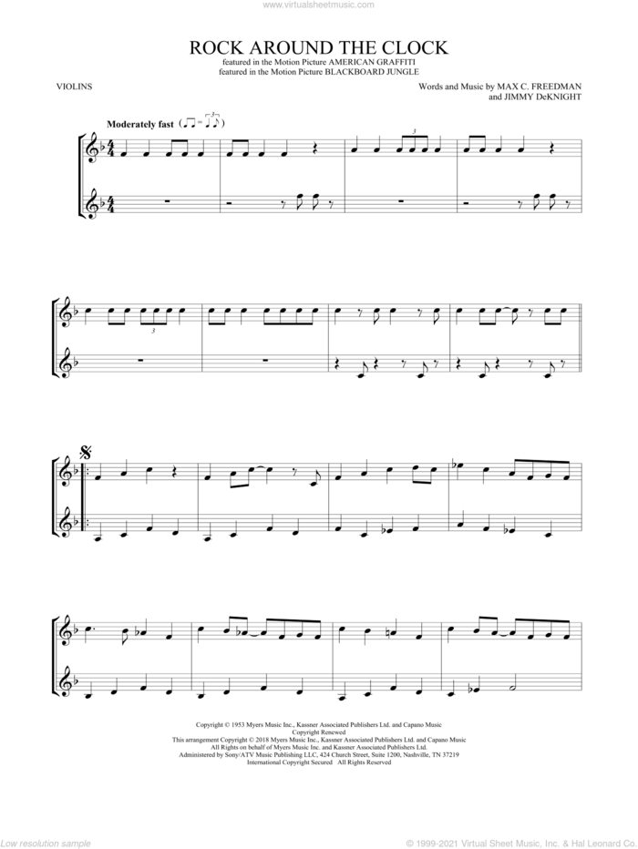 Rock Around The Clock sheet music for two violins (duets, violin duets) by Bill Haley & His Comets, Jimmy DeKnight and Max C. Freedman, intermediate skill level
