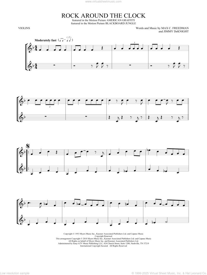 Rock Around The Clock sheet music for two violins (duets, violin duets) by Bill Haley & His Comets, Jimmy DeKnight and Max C. Freedman, intermediate skill level