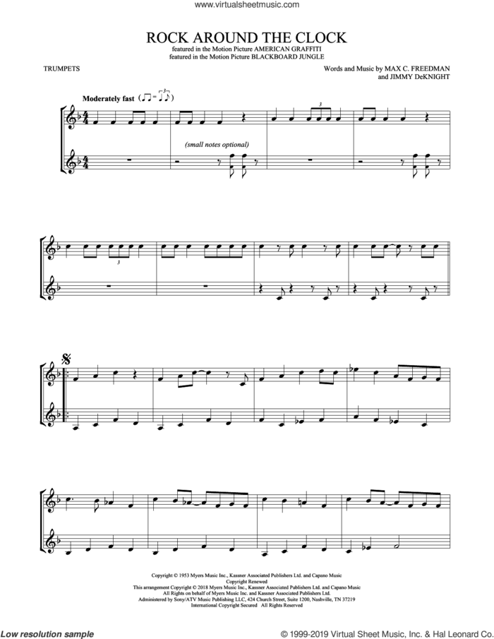 Rock Around The Clock sheet music for two trumpets (duet, duets) by Bill Haley & His Comets, Jimmy DeKnight and Max C. Freedman, intermediate skill level