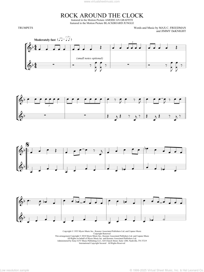 Rock Around The Clock sheet music for two trumpets (duet, duets) by Bill Haley & His Comets, Jimmy DeKnight and Max C. Freedman, intermediate skill level