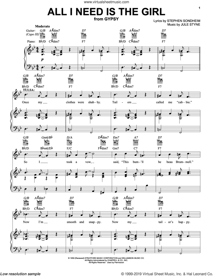 All I Need Is The Girl sheet music for voice, piano or guitar by Stephen Sondheim and Jule Styne, intermediate skill level