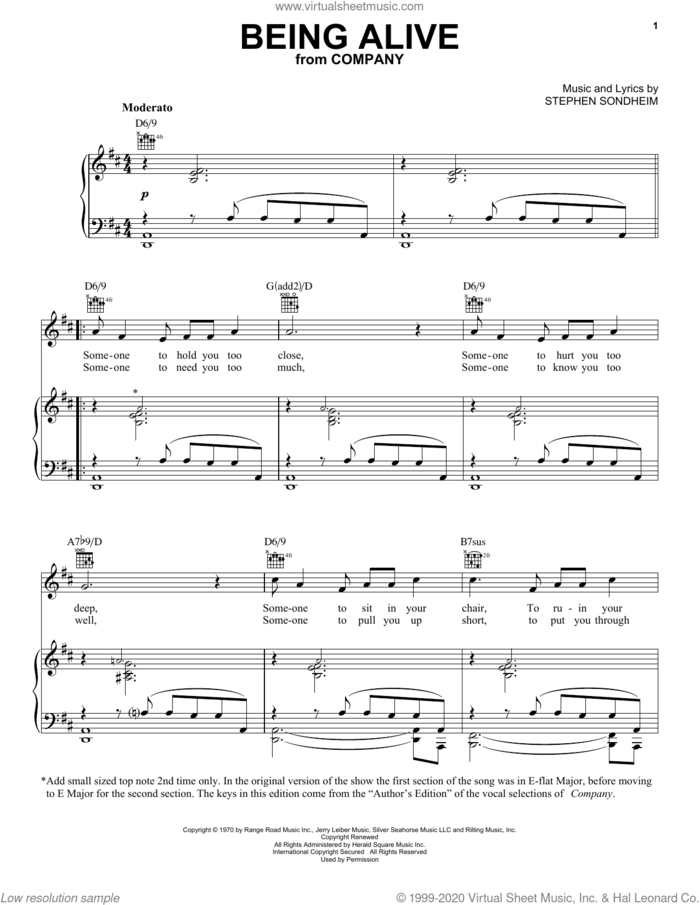 Being Alive sheet music for voice, piano or guitar by Stephen Sondheim, intermediate skill level
