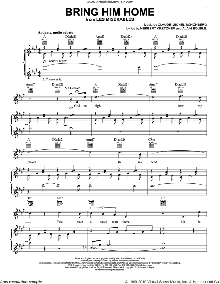 Bring Him Home (Comme Un Homme) [French version] sheet music for voice, piano or guitar by Alain Boublil, Claude-Michel Schonberg, Claude-Michel Schonberg and Herbert Kretzmer, intermediate skill level