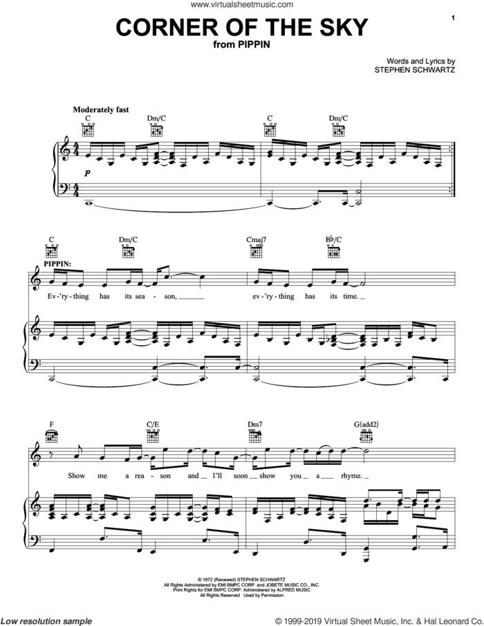 Corner Of The Sky sheet music for voice, piano or guitar by Stephen Schwartz, classical score, intermediate skill level