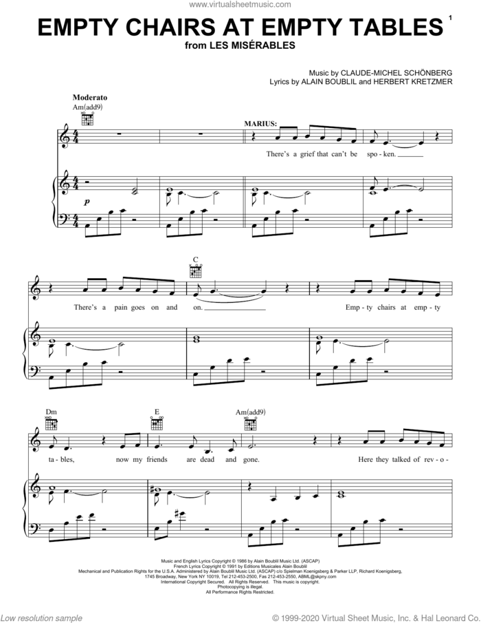 Empty Chairs At Empty Tables sheet music for voice, piano or guitar by Alain Boublil, Claude-Michel Schonberg, Claude-Michel Schonberg and Herbert Kretzmer, intermediate skill level