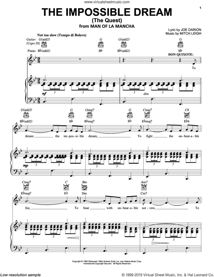 The Impossible Dream (The Quest) sheet music for voice, piano or guitar by Joe Darion and Mitch Leigh, intermediate skill level