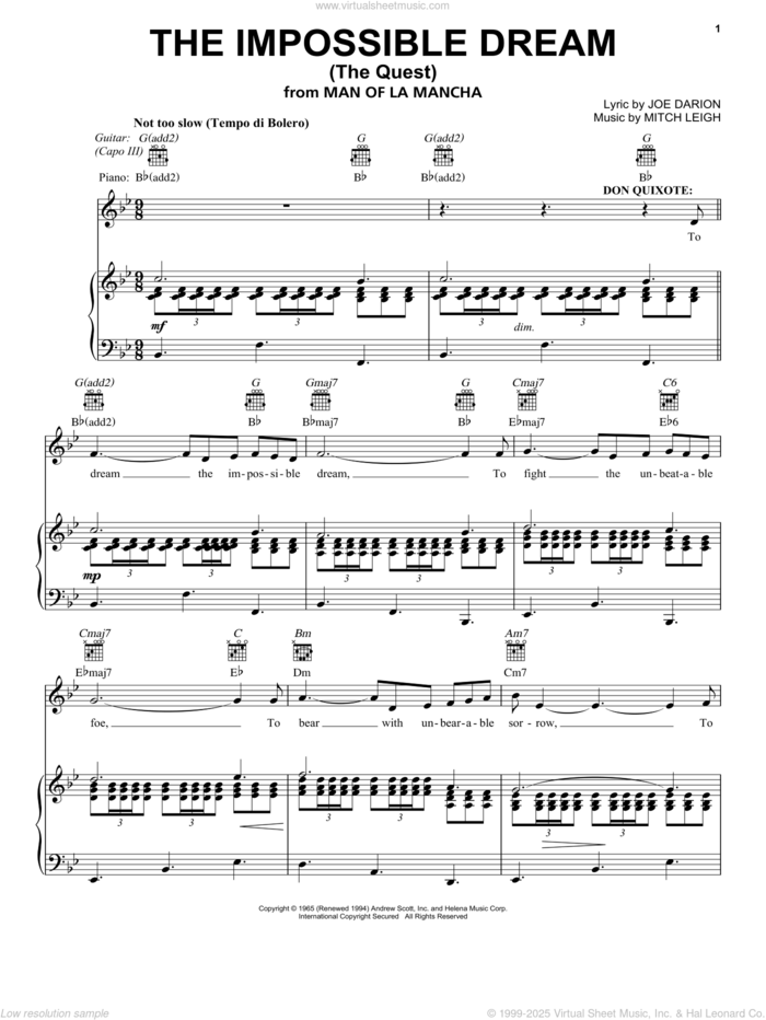 The Impossible Dream (The Quest) sheet music for voice, piano or guitar by Joe Darion and Mitch Leigh, intermediate skill level