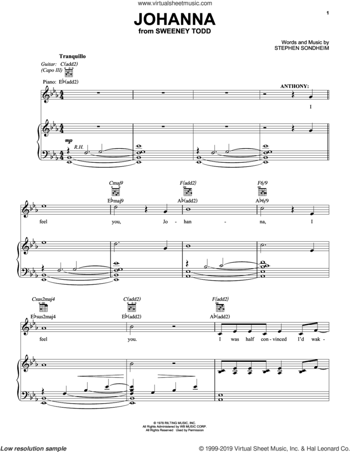 Johanna sheet music for voice, piano or guitar by Stephen Sondheim, classical score, intermediate skill level