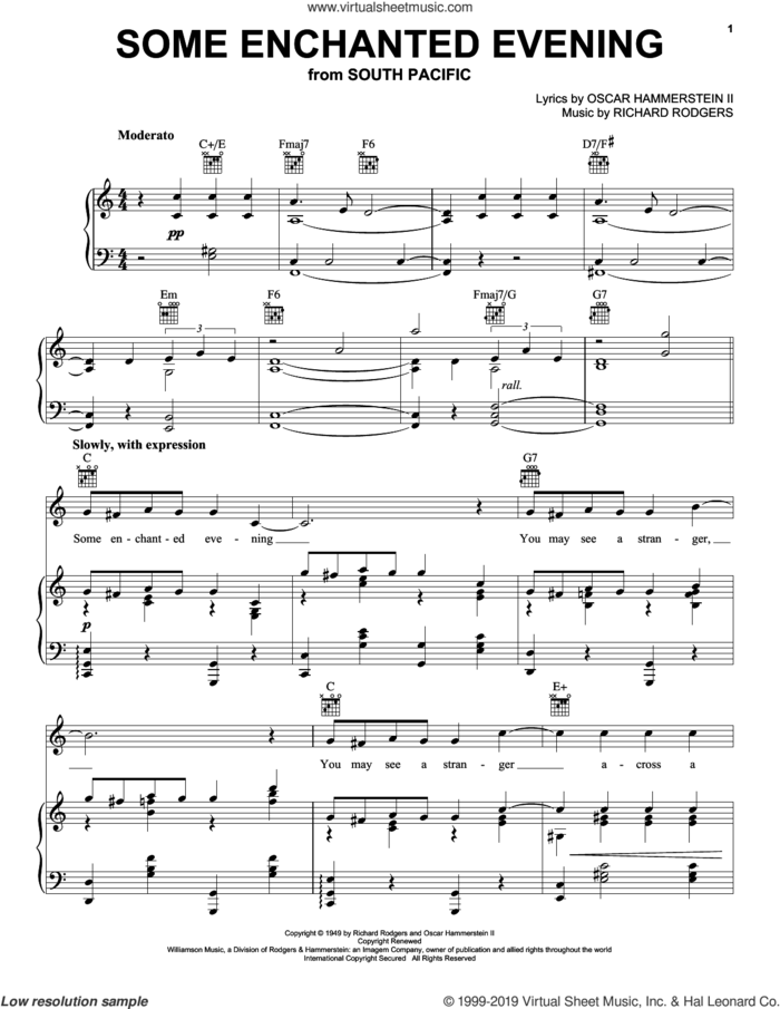 Some Enchanted Evening sheet music for voice, piano or guitar by Richard Rodgers, Oscar II Hammerstein and Rodgers & Hammerstein, intermediate skill level
