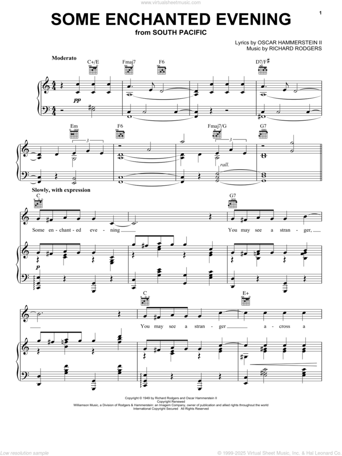 Some Enchanted Evening sheet music for voice, piano or guitar by Richard Rodgers, Oscar II Hammerstein and Rodgers & Hammerstein, intermediate skill level