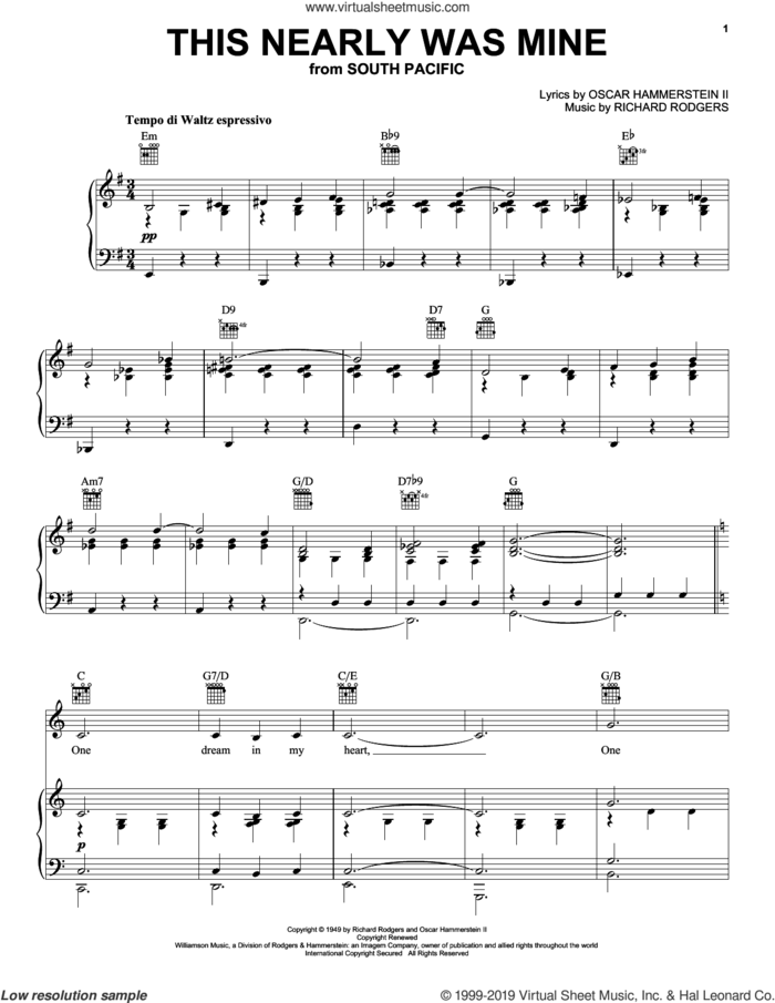 This Nearly Was Mine sheet music for voice, piano or guitar by Richard Rodgers, Oscar II Hammerstein and Rodgers & Hammerstein, intermediate skill level