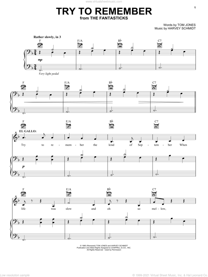 Try To Remember sheet music for voice, piano or guitar by Tom Jones and Harvey Schmidt, intermediate skill level