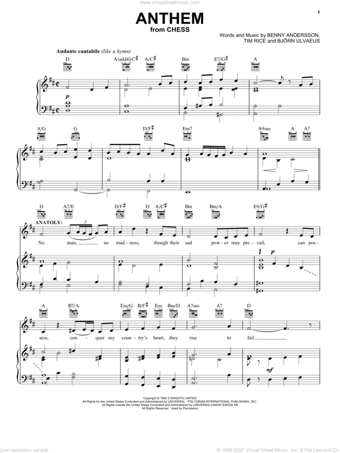 Anthem sheet music for voice, piano or guitar by Tim Rice, Benny Andersson and Bjorn Ulvaeus, intermediate skill level