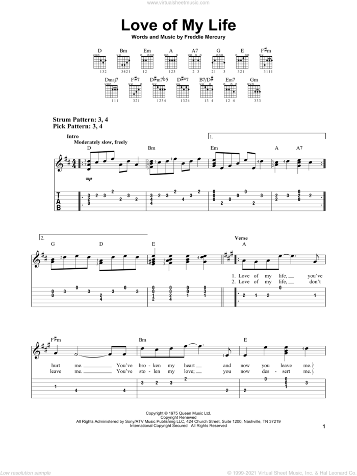 Love Of My Life sheet music for guitar solo (easy tablature) by Queen and Freddie Mercury, easy guitar (easy tablature)