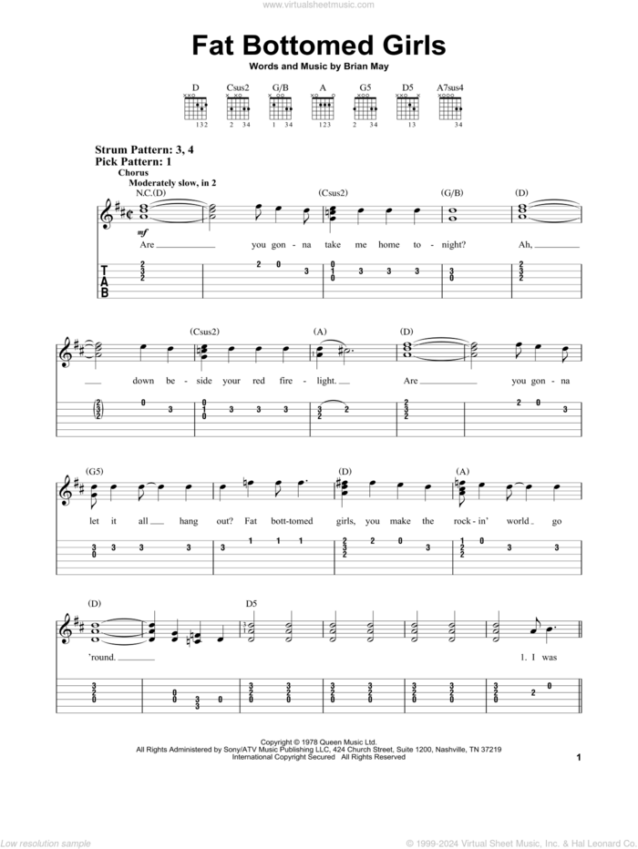 Fat Bottomed Girls sheet music for guitar solo (easy tablature) by Queen and Brian May, easy guitar (easy tablature)