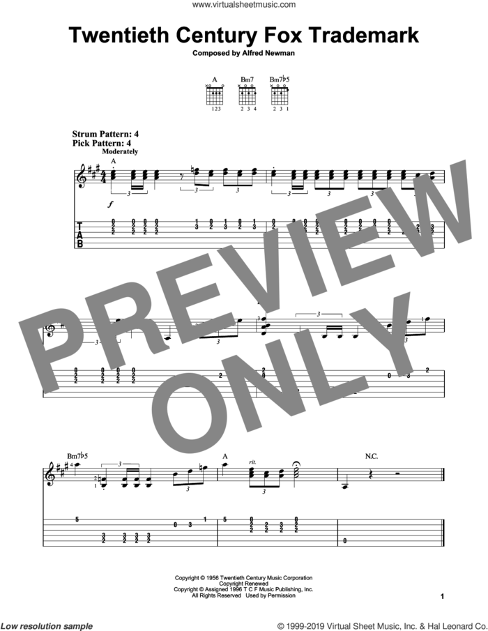 Twentieth Century Fox Trademark sheet music for guitar solo (easy tablature) by Queen and Alfred Newman, easy guitar (easy tablature)