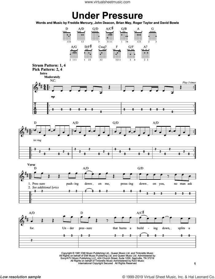 Under Pressure sheet music for guitar solo (easy tablature) by David Bowie & Queen, Queen, Brian May, David Bowie, Freddie Mercury, John Deacon and Roger Taylor, easy guitar (easy tablature)