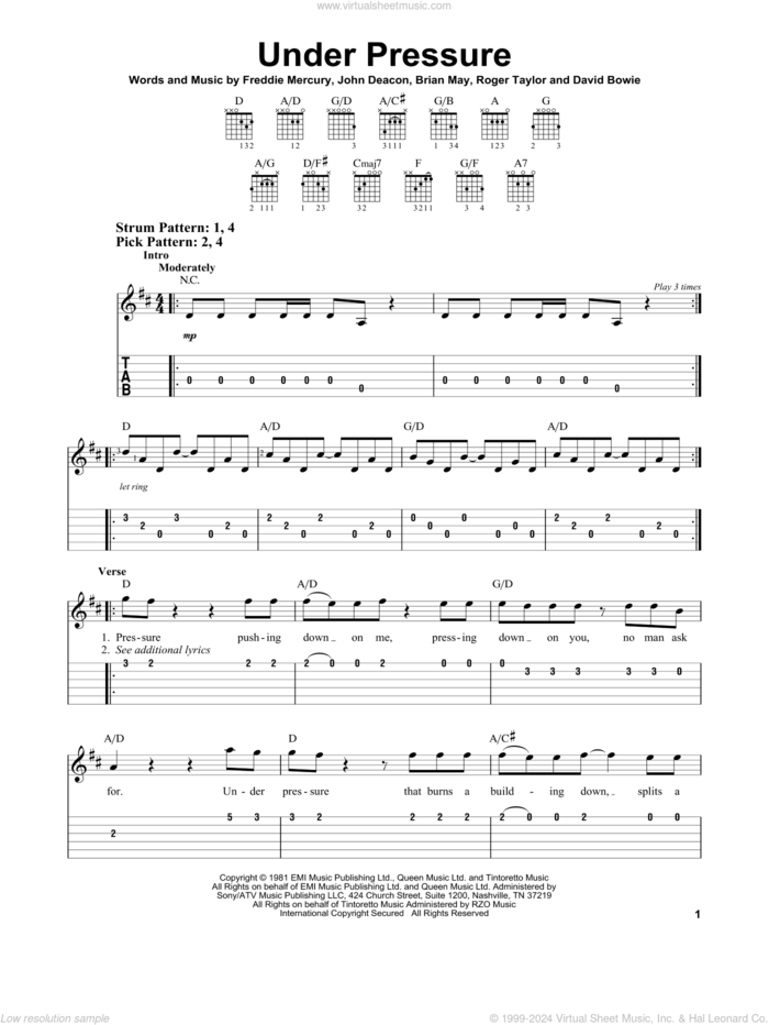 Under Pressure sheet music for guitar solo (easy tablature) by David Bowie & Queen, Queen, Brian May, David Bowie, Freddie Mercury, John Deacon and Roger Taylor, easy guitar (easy tablature)