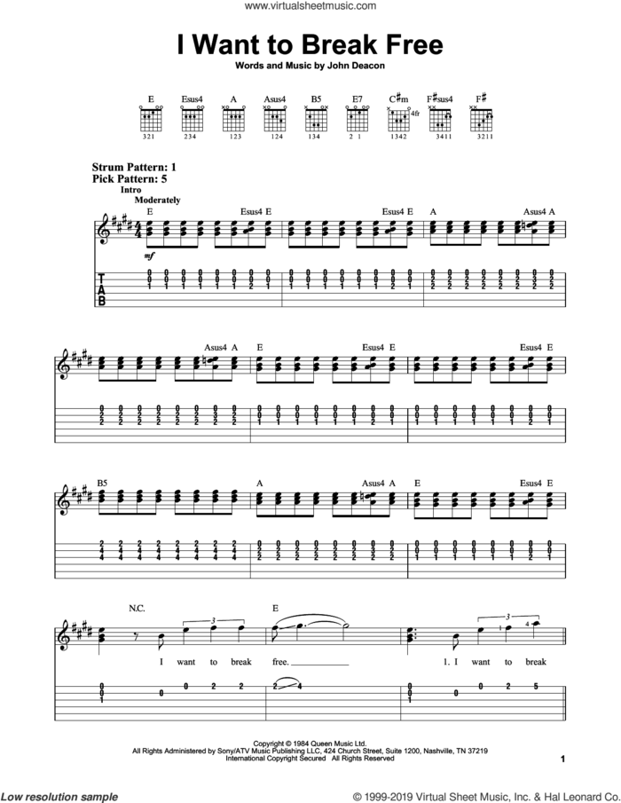 I Want To Break Free sheet music for guitar solo (easy tablature) by Queen and John Deacon, easy guitar (easy tablature)