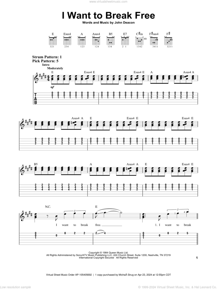 I Want To Break Free sheet music for guitar solo (easy tablature) by Queen and John Deacon, easy guitar (easy tablature)